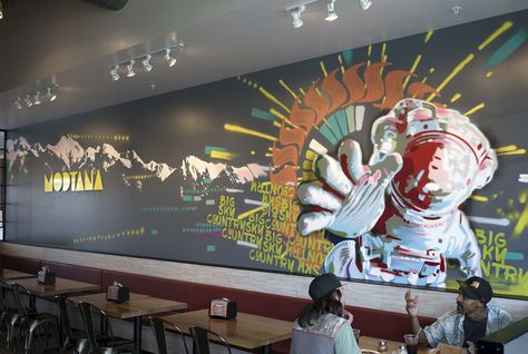 Pizza Restaurant Design, Astronaut Graffiti, Hampton Restaurant, Restaurant Mural, Mod Pizza, Street Art Mural, Graffiti Art Letters, Missoula Montana, Mural Ideas