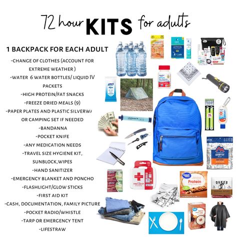 72 hour emergency backpacks #emergency #emergencykits Tornado Emergency Kit Families, Emergency Kit For Home, Go Bag Emergency, Emergency Supply List, Emergency Tent, Backpack Survival Kit, Emergency Clothes, Storm Preparedness, Homeless Care Package