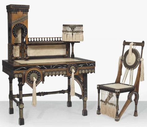 CARLO BUGATTI (1856-1940), desk and chair, c. 1900, mahogany, ebonized wood, brass, copper, pewter, parchment with tassels, Desk: 58½ in. (148.6 cm.) high, 42 5/8 in. (108.9 cm.) wide, 25½ in. (64.8 cm.) deep.; chair: 39 in. (99.1 cm.) high | SOLD $52,500 Christie's New York, Dec. 9, 2014 Carlo Bugatti, Ebonized Wood, Furniture Design Sketches, Art Nouveau Furniture, Desk And Chair, Furniture Details Design, Italian Furniture, Interior Deco, A Desk