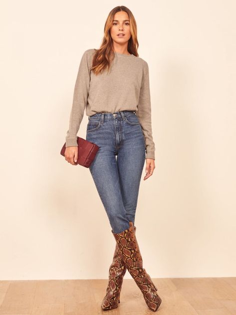 The New Rules For Wearing Tall Boots Over Skinny Jeans | The Mom Edit Tall Boots With Jeans, Boots Over Jeans, Tall Boots Outfit, Neutral Boots, Dress Like A Parisian, Burgundy Boots, Tall Brown Boots, Boyfriend Sweater, Snakeskin Boots