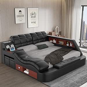 Multifunction Smart King Bed Frame, Luxury Upholstered Platform with Massage Recliner/Bluetooth Speaker/USB Charging Station/Storage Drawers, Leather Headboard/ Strong Wooden Slats, Black Leather Upholstered Headboard, Bed Frame Modern, Luxury Bed Frames, Upholstered Storage Bed, Eastern King Bed, Smart Bed, Luxury Modern Homes, Leather Headboard, Double Bed Frame