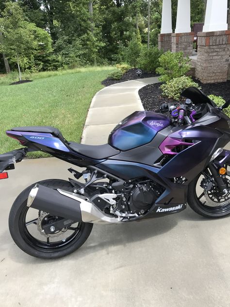 Kawasaki Ninja Black And Purple, Kawasaki Ninja 400 Custom, Kawasaki Ninja 400 Modified, Ninja 400 Custom, Ninja 400 Kawasaki, Moto Ninja, Purple Motorcycle, Purple Bike, Motorcycle Kawasaki