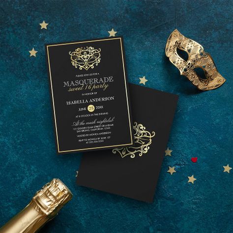 Elegant Gold & Black Masquerade Sweet 16 Party for $2.95 - Birthday Invitations White And Gold Birthday Invitations, Masquerade Sweet 16, Sweet 16 Masquerade Party, Masquerade Invitations, Masquerade Party Invitations, Black Masquerade, Masquerade Party Decorations, Sweet 16 Party Invitations, Masquerade Ball Party