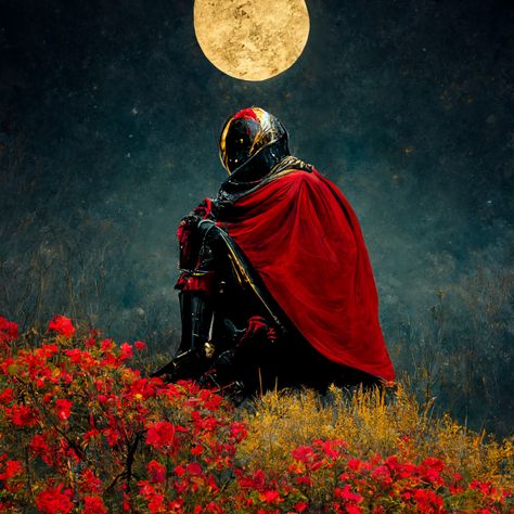 Red Knight Aesthetic, Red Knight, Medieval Aesthetic, Creatures Art, Red Cape, Knight Art, Book Aesthetics, Red Moon, Starry Night Sky