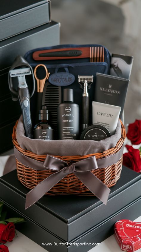 This basket is perfect for the man who enjoys grooming and taking care of his appearance. Choose a sleek, black box or leather case to hold the items. Include high-end razors, beard oils, shaving cream, cologne, and luxurious skincare products. You can even add a grooming kit with scissors, combs, and a beard trimmer. Wrap it in a neutral-colored cloth, such as grey or navy, and secure it with a leather ribbon. This basket ensures he feels pampered with premium grooming essentials. Men’s Gift Basket Ideas Diy, Gift Basket Ideas For Him, Creative Gift Basket Ideas, Hampers For Men, Groom Gift Box, Luxury Gift Basket, Creative Gift Baskets, Gift Baskets For Him, Gift Baskets For Men