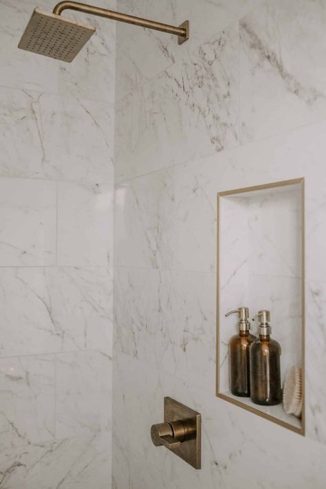 Creating a Spa-Like Oasis: A Look Into Our Classy Primary Bathroom - MY CHIC OBSESSION Gold Shower Niche, Marble Shower Niche, Glass Shower Tub, French Country Decorating Bathroom, Vanity Hardware, Country Bathroom Vanities, Bathroom Finishes, Bathroom 2023, Wood Shower Bench