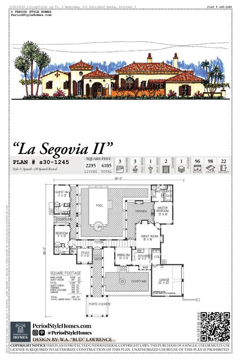 Spanish Revival home with an entry courtyard and spacious outdoor living. Includes a private guest suite. Plans available for purchase to build on your lot. Spanish Style Homes Plans Courtyards, Spanish Revival Floor Plans, Spanish Revival Home Floor Plans, Spanish Floor Plans, Spanish Courtyard House, Spanish Style Home Plans, Spanish Style Homes Plans, Spanish Style House Plans, Spanish House Plans