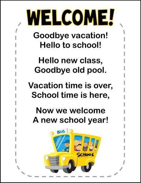 Back to School Freebie:  Poem Printable and Poem Cloze Activity Back To School Poem Preschool, Welcome Back To School Quotes, Welcome Poems, Back To School Poem, School Poem, Kindergarten Poems, Class Quotes, Poems About School, Kids Rhymes