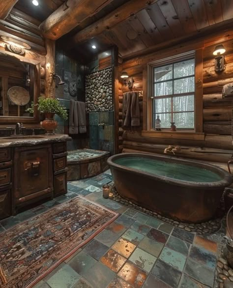 Cabin Homes Interior, Small Baths, Tile Bathrooms, Log Cabin Interior, Log Home Interiors, Terracotta Tile, Rustic Bathroom Designs, Dream Life House, Rustic Home Design