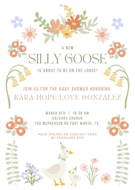 Silly Goose Baby Shower Decor, Baby Shower Unique Themes, 2024 Baby Shower Themes, Little Love Bug Baby Shower Theme, Third Baby Shower Ideas, Goose Baby Shower Theme, Baby Shower Ideas March, Silly Goose Nursery, Goose Themed Baby Shower Ideas