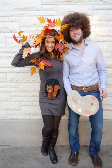 Bob Ross and The Happy Little Tree Easy Homemade Costumes, Meme Costume, Halloween Costumes Diy Couples, Cute Couples Costumes, Pregnant Halloween Costumes, Diy Couples Costumes, Best Couples Costumes, Homemade Costume, Homemade Halloween Costumes