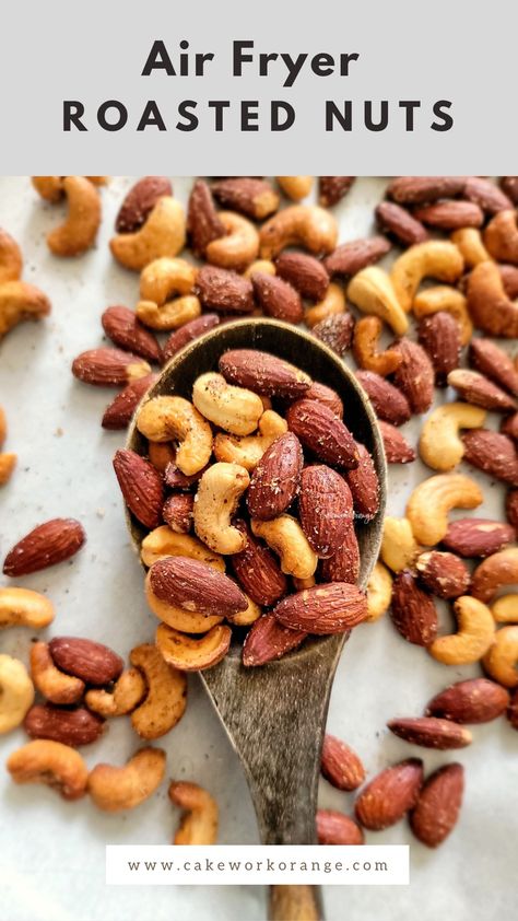 A ladle full of Air fried cashews and Almonds. These nuts are Air fried with oil, salt, sugar , pepper powder and chaat masala. Roasted Nuts Recipe, Spiced Nuts Recipe, Salted Nuts, Roasted Walnuts, Roasted Cashews, Nut Recipes, Roasted Nuts, Savory Appetizer, Vegetarian Snacks