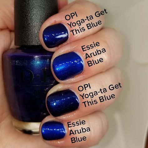 Comparison Swatches ☆ OPI | Yoga-ta Get This Blue (index, ring) • Essie | Aruba Blue (middle, pinky) Aruba Blue Essie, Essie Aruba Blue, Blue Nail Polish Colors, Nail Paint Shades, Opi Polish, Blue Nail Polish, Casual Nails, Blue Nail Designs, Nail Paint