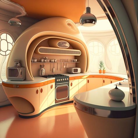 Futuristic Kitchen, Vintage Futurism, Girl Vampire, Atomic Age Design, Vampire Anime, Spaceship Interior, Pink Anime, Retro Interior Design, Futuristic Home