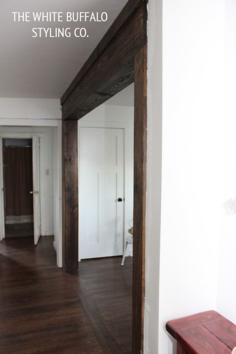 faux-beams Faux Beam Room Transition, Faux Beam Cover, Black Ceiling With Wood Beams, Beams Kitchen, Doorway Trim, Faux Columns, Rustic Beams, Exposed Wood Beams, Floor Transition