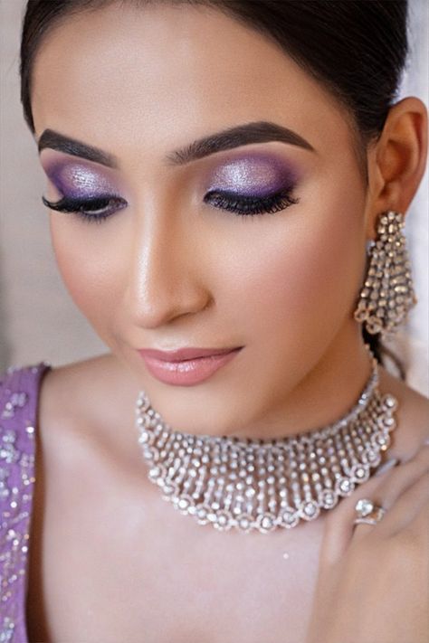 Eye Makeup For Reception Look, Makeup For Lavender Outfit, Purple Eye Makeup Indian, Purple Makeup Looks For Wedding, Makeup With Lavender Outfit Indian, Lavender Dress Makeup Looks, Lavender Lehenga Makeup, Purple Makeup Wedding, Reception Eye Makeup Indian