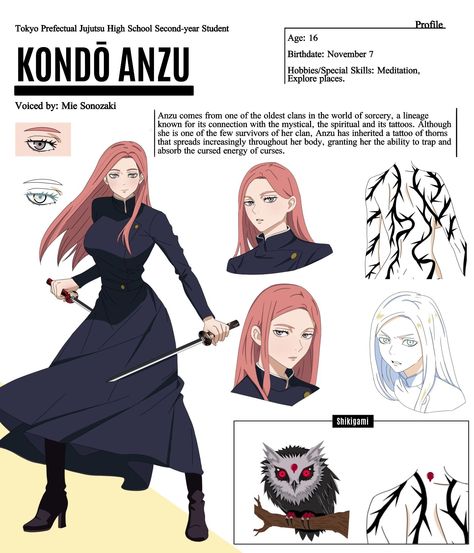 #jujutsukaisenoc [Kondō Anzu character sheet] . . . Finally here it is 😵‍💫 Then I will go deeper into her story in the next illustrations <3 . . . #jjk #jujutsukaisen #ocjujutsukaisen #originalcharacter #ocxcanon #oc #jujutsukaisenanime #jjkoc #jjkfanart #animeart #manga #getosuguru #gojosatoru Oc Anime Characters, Jjk Oc Powers Ideas, Jjk Technique Ideas, Jjk Oc Powers, Character Ref Sheet, Avatar Airbending Poses, Jjk Oc, Warframe Art, Oc Manga