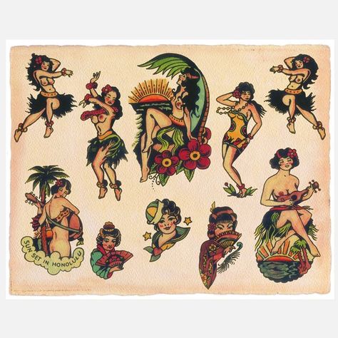 220+ Most Beautiful Hawaii Tattoo Ideas and Designs (2023) - TattoosBoyGirl Hula Girl Tattoos, Piercing Girl, Tiki Tattoo, Hawaii Tattoos, Sailor Tattoos, Pin Up Girl Tattoo, Flash Ideas, Sailor Tattoo, Flash Sheets