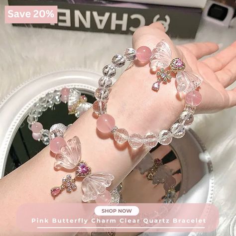 Immerse yourself in the enchanting beauty of our 𝐏𝐢𝐧𝐤 𝐁𝐮𝐭𝐭𝐞𝐫𝐟𝐥𝐲 Charm Clear Quartz 𝐁𝐫𝐚𝐜𝐞𝐥𝐞𝐭, decorated with 3 natural rose quartz beads and a stunning butterfly wing crafted from clear quartz, with a dainty pink heart nestled in its center. 🩷𝐑𝐨𝐬𝐞 𝐐𝐮𝐚𝐫𝐭𝐳 𝐁𝐞𝐧𝐞𝐟𝐢𝐭𝐬🩷 𝐇𝐞𝐚𝐫𝐭 𝐂𝐡𝐚𝐤𝐫𝐚 𝐄𝐧𝐡𝐚𝐧𝐜𝐞𝐦𝐞𝐧𝐭: Rose quartz targets the heart chakra, promoting cardiovascular wellness. It relaxes stressful emotions, calms moods, and fosters introspection, leading to self-discovery and heightened recognition. Giving ... Rose Quartz Benefits, Rose Quartz Bracelet, Energy Bracelets, Rose Quartz Beads, Quartz Bracelet, Butterfly Charm, Pink Butterfly, Artisan Craft, Heart Chakra