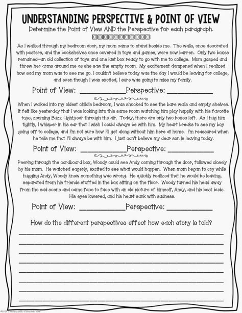 Free understanding perspective and point of view printable to go with Toy Story Scene! Point Of View Vs Perspective, Perspective Lessons For Middle School, Point Of View Activities Middle School, Point Of View Worksheet, Perspective Worksheet, Authors Perspective, Authors Point Of View, Education Worksheets, Reading Lesson Plans