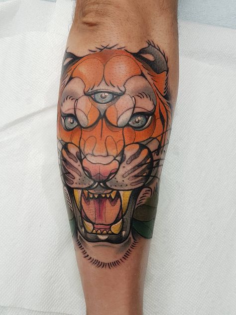 Neo-traditional three eyed tiger by Sean Welsh atEmpire Tattoo Victoria B.C. Angel Tattoo Designs, Angel Tattoo, Neo Traditional, Tiger Tattoo, Third Eye, Tatting, Tattoo Designs, Tattoos