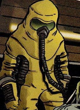 A young criminal in a hazmat suit, the Radioactive Kid joined a rejuvenated Young Masters. He accompanied the team to their new headquarters, an abandoned Hydra base in Pennsylvania, & then helped them inspect the corpse of Bullseye, before the team were attacked by Lady Bullseye. Radioactive Kid was believed to be dead after the battle in Latveria against the Teen Brigade, however he somehow survived and later was recruited by Constrictor to form part of his new iteration of Young Masters. Hazmat Character Design, Radioactive Character Design, Hazmat Suit Drawing, Hazmat Suit Character Design, Radioactive Character Art, Hazmat Suit Art, Hazmat Suit Concept Art, Lady Bullseye, Green Oc