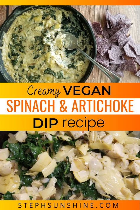 My favorite game-day food has always been chips and spinach and artichoke dip. So when I went vegan, I set out to make an equally delicious version of this dip! With cashew cream, vegan mozzarella, fresh spinach, and marinated artichokes, this dip has become my most-requested recipe! Easy Vegan Spinach Artichoke Dip, Spinach And Artichoke Hummus, Vegan Spinach Artichoke Dip Nut Free, Vegan Hot Dip Recipes, Potluck Dishes Vegan, Vegan Game Night Snacks, Spinach Artichoke Dip Dairy Free, Vegan Nye Appetizers, Vegan Crockpot Dip