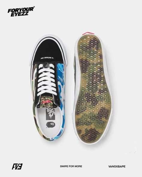 Bape and Vans have joined forces to revamp the classic Vans old skool and Sk8 mid styles. The fusion of these renowned brands brings together their unique street culture influences, offering a fresh perspective on the traditional Vans design. Adorned with the iconic camo prints from BAPE and paired with the rubber and fabric elements of the old Skool Vans, the result is a striking new aesthetic. Is it possible that a matching apparel line is on its way?? Vans Design, Camo Prints, Old Skool Vans, New Aesthetic, Classic Vans, Fresh Perspective, Van Design, Street Culture, Vans Old Skool