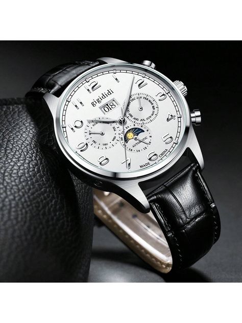 1pc White Dial Stainless Steel Mechanical Watch For Men, Automatic Self-Wind With Day/Date/Month/Week, Water Resistant, Business Wristwatch With Seagull Movement  Casual   PU Leather  Basic Simple Series   Men Watches, size features are:Bust: ,Length: ,Sleeve Length: White Dial, Mechanical Watch, Wrist Watch, Pu Leather, Jewelry Watches, Water Resistant, Stainless Steel, Leather