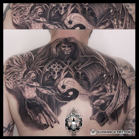 Good Vs Evil Chest Tattoo Men Ideas, Good Vs Evil Back Tattoo, Good Vs Evil Chest Tattoo, Good Vs Evil Tattoo Ideas, Angel And Demon Chest Tattoo, Angels Vs Demons Tattoo, You Vs You Tattoo, Good Vs Evil Tattoo Sleeve, Angel Vs Demon Tattoo