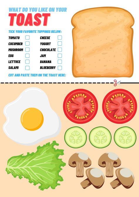 Prepare Your Favorite Toast Cut & Paste Activity Cut And Paste Activities For Kids, Emotions Vocabulary, Activity Template, Make Your Own Pizza, Food Vocabulary, English Teaching Materials, Activity Worksheet, English Activities For Kids, Food Activities