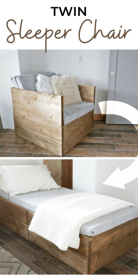 Diy Bed Chair, Diy Sleeper Chair, Things To Make With Pallets, Twin Sleeper Chair, Sleeper Chair Bed, End Of Bed Bench, Bed Chair, Farmhouse Bedding, Easy Wood