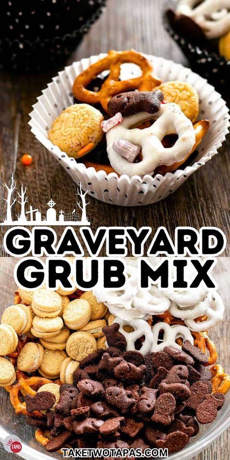 This sweet and salty Graveyard Grub Mix is a great Fall snack to have on hand. It is perfect for a fun after school snack for the kids or an appetizer at a Halloween party! It's also great for Fall or Halloween-themed parties! Mix and match the snacks you have on hand to build your snack mix. #monstermunch #forkids #recipes #graveyardgrub #halloweenideas #spookytreats Halloween Carry In Food Ideas, Halloween Snack Mix Recipes, Halloween Snacks Diy, Halloween Work Party, Halloween Party Mix, Halloween Themed Appetizers, Gummy Snacks, Fun Halloween Party Food, Party Mix Snacks