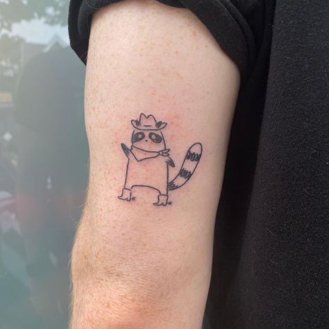 Jennifer Ilett’s Instagram profile post: “Raccoon cowboy for Landon yesterday! So fun to be back making silly tattoos for you all 💕” Tattoo Cowboy Hat, Hat Tattoo Ideas, Silly Tattoos, Racoon Tattoo, Cowboy Raccoon, Cowboy Hat Tattoo, Cowboy Tattoo, Raccoon Tattoo, Hat Tattoo