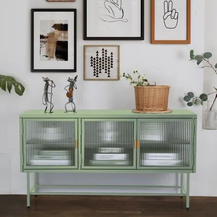 Latitude Run® Glass Sideboard Storage Cabinet Console Table With 3 Doors, Light Green | Wayfair Green Tv Stand, Glass Entertainment Center, Display Cupboard, Console Tv Stand, Functional Tv Stand, Console Tv, Tv Table, Removable Shelves, Fluted Glass