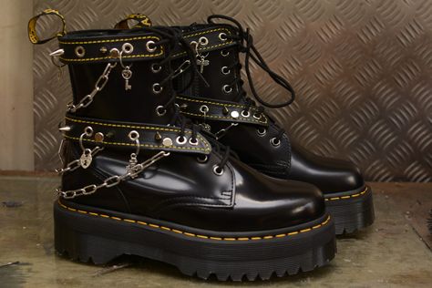 Dr Martens Modifications — Downes Doc Martens Decorated, Decorated Doc Martens, Leather Artist, Doc Marten, Broken Zipper, Glitter Boots, Dr Martens Boots, Favorite Boots, Doc Martens