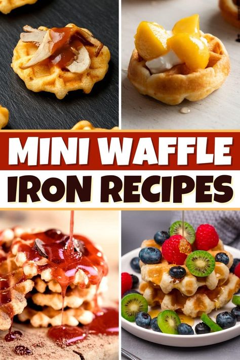 These tasty and tempting mini waffle iron recipes prove that food doesn't have to be big to be delicious. From chaffles to donuts to omelettes, put your mini waffle iron to work with these easy recipes. Waffle Maker Dinner, Dash Mini Waffle Maker Recipes Easy, Mini Waffle Iron Recipes, Dash Mini Waffles Recipe, Mini Waffle Recipe, Waffle Bowl Maker, Dash Recipe, Chocolate Chip Waffles, Easy Waffle Recipe