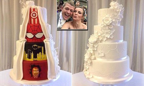 Couple who can’t agree on wedding cake settle with two-sided creation #DailyMail Comic Wedding Cake, Superhero Wedding Cake, Comic Wedding, Marvel Wedding, Comic Book Wedding, Funny Wedding Cakes, Superhero Wedding, Marvel Cake, Traditional Wedding Cakes