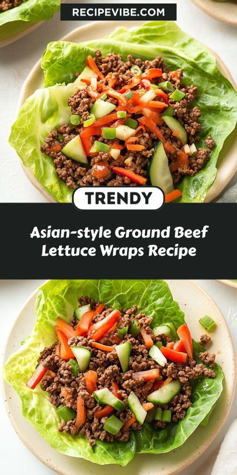 Looking for a quick and delicious meal that’s packed with flavor? These Asian-style Ground Beef Lettuce Wraps are a perfect blend of savory and fresh. Save this recipe for an easy weeknight dinner that the whole family will love, making it a standout in your Ground Beef Recipes collection! Ground Meat Lettuce Wraps, Ground Beef Lettuce Wraps Healthy, Ground Beef Wraps, Meal Prep With Ground Beef, Lettuce Wraps Beef, Ground Beef Lettuce Wraps, Lean Ground Beef Recipe, Bacon Lettuce Wraps, Lettuce Wrapped Burger