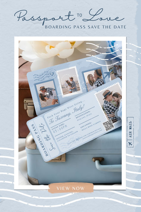 DESTINATION WEDDING BLUE BOARDING PASS PLANE TICKET INVITATION Plane Ticket Invitation, Destination Wedding Save The Date, Boarding Pass Invitation, Travel Tickets, Plane Ticket, Ticket Invitation, Wedding Blue, Graduation Invitation, Event Details