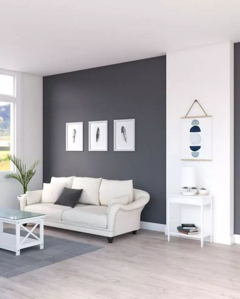 Dark Minimalist Living Room, Dark Gray Accent Wall, Grey Accent Wall Living Room, Gray Accent Wall, Grey Feature Wall, Accent Wall Living Room, Dark Grey Living Room, Dark Accent Walls, Grey Walls Living Room