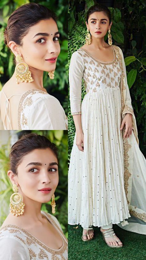 Earrings For White Anarkali, White Kurti Makeup Look, Onam Churidar Design, Necklace For High Neckline Dress, Alia Bhatt Traditional Outfits, Ethinic Dresses For Women, White Salwar Suit Classy, Anarkali Dress Simple Classy, Chikenkari Dress Ideas