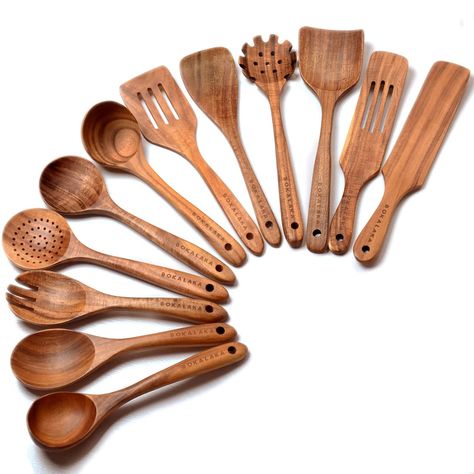 PRICES MAY VARY. ✔【12-Piece Wooden Spoon set 】Wooden kitchen utensils set includes wok spatula,slotted spatula,frying spatula,filter spoon,soup spoon,seasoning spoon,salad fork,rice spoon,oil spoon,spaghetti spoon,large spurtle,slotted spurtle.They are various functions and wide use,and whether you're flipping food, making sauces or serving dishes, this wooden spoons for cooking will serve exactly any cooking need you have in the kitchen. ✔【100% Natural Teak Wood】Wooden utensils for cooking is m Wooden Cooking Utensils Set, Spoon Salad, Wooden Utensils Set, Wooden Cooking Utensils, Kitchen Utensils Set, Kitchen Spatula, Wooden Kitchen Utensils, Wood Utensils, Natural Teak Wood