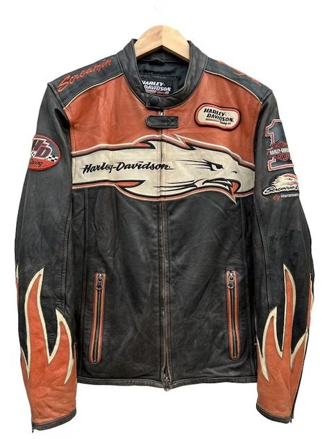 Harley leather riders jacket - Gem Biker Jacket Design, 70s Biker Fashion, Race Car Jacket, Leather Racing Jacket, Biker Fashion, Harley Davidson Leather Jackets, Biker Leather Jacket, Bike Clothes, Riders Jacket