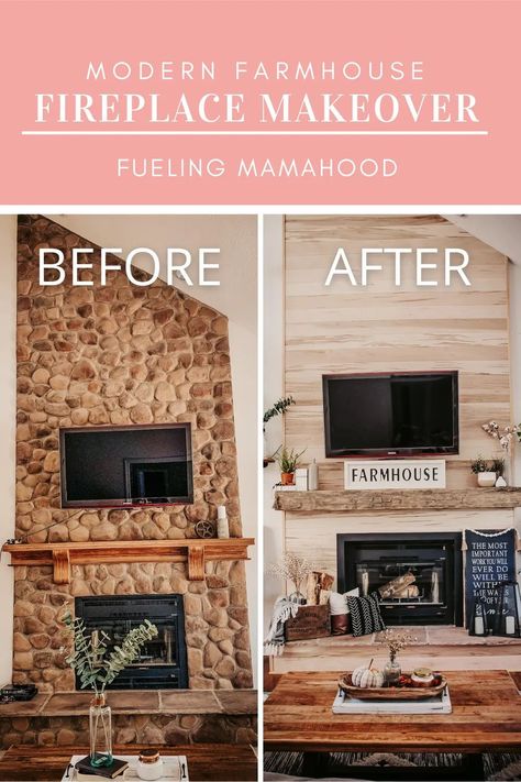 Cover Brick Fireplace With Shiplap, Stone Fireplace Makeover Farmhouse, Fireplaces With Wood Mantle, Shiplap Fireplace Over Stone, Cover Stone Fireplace With Shiplap, Faux Stone And Shiplap Fireplace, Rustic Fireplaces Farmhouse Style Shiplap, Covering Stone Fireplace With Shiplap, Framing Over Brick Fireplace