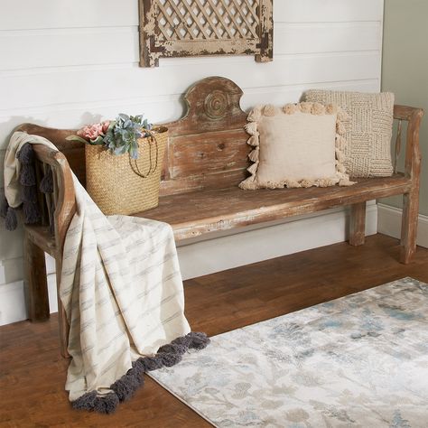 The heavily weathered finish on this long wooden bench features white, ivory, and green paints rubbed away to reveal the beauty of the natural wood beneath. Bench Decor, Shades Of Light, Up House, Vintage Cottage, Wooden Bench, Décor Diy, Cottage Chic, Country Cottage, Decoration Design