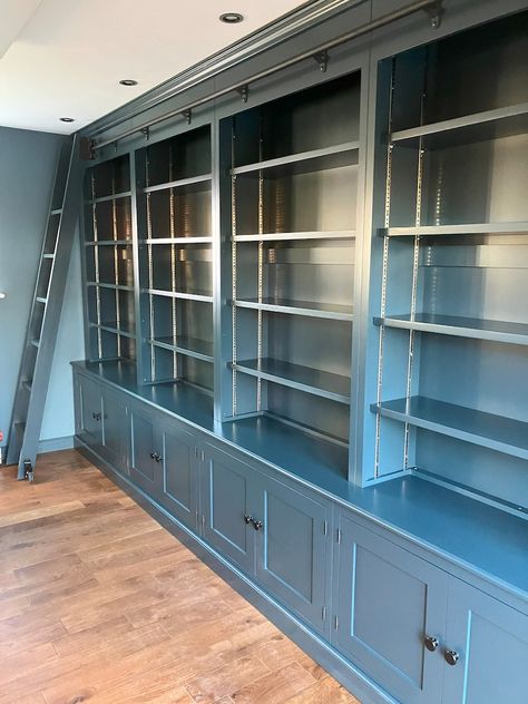 Bookcase Cupboard With 8 Doors, With Rolling Ladder System, Shaker Style - Etsy High Shelf Storage Ideas, Wall Library Design, Reading Snug, Bookshelf Measurements, Lounge Shelving, Bespoke Bookcase, Reading Corner Bedroom, Reading Nook Ideas For Adults, Butlers Kitchen