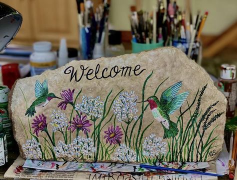 painting rocks! | Large Welcome sign. | Facebook Painted Rock Welcome Sign, Welcome Rocks Painted, Painted Slate Ideas, Welcome Rock Painting, Large Welcome Sign, Xmas Present Ideas, Painted Slate, Rock Designs, Painted Rocks Diy