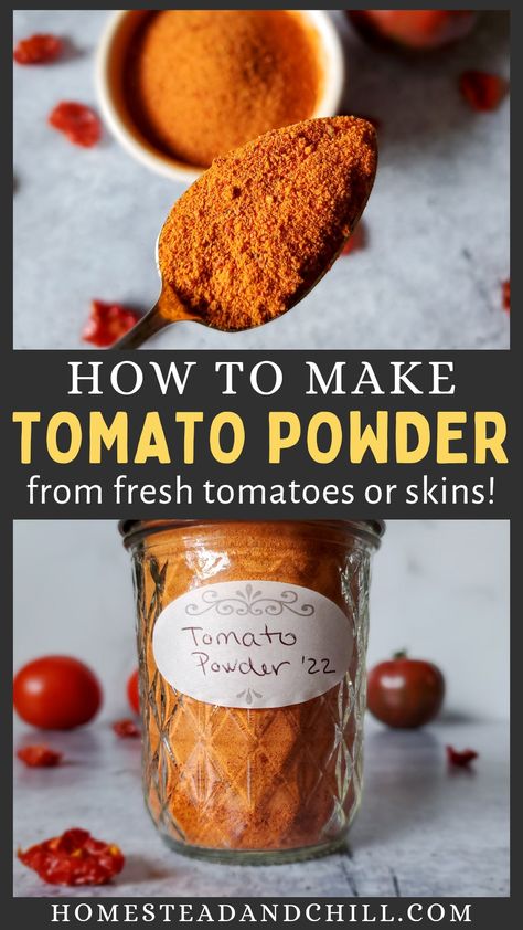 Come learn how to makw tomato powder using fresh tomatoes or tomato skins, plus ideas for how to use it - including how to turn tomato powder into tomato paste. It's an easy way to preserve tomatoes, and adds flavor and color to soups, stews, sauces, spice blends, rice, pasta and more! #tomatopowder #preserving #tomatoes #garden #gardentotable #dehydrate Instant Pot Tomato Paste Recipe, Deseeding Tomatoes, Powdered Tomatoes, Tomato Skins, How To Makw, Preserve Tomatoes, Using Fresh Tomatoes, Tomato Salt, Homemade Tomato Paste