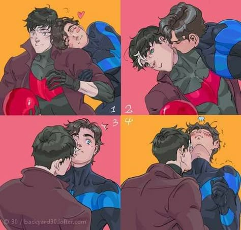 Jaydick Fanart Kiss, Nightwing X Red Hood, Jaydick Fanart, Superman X Batman, Robin Comics, Batfamily Funny, Superman X, Red Hood Jason Todd, Western Comics